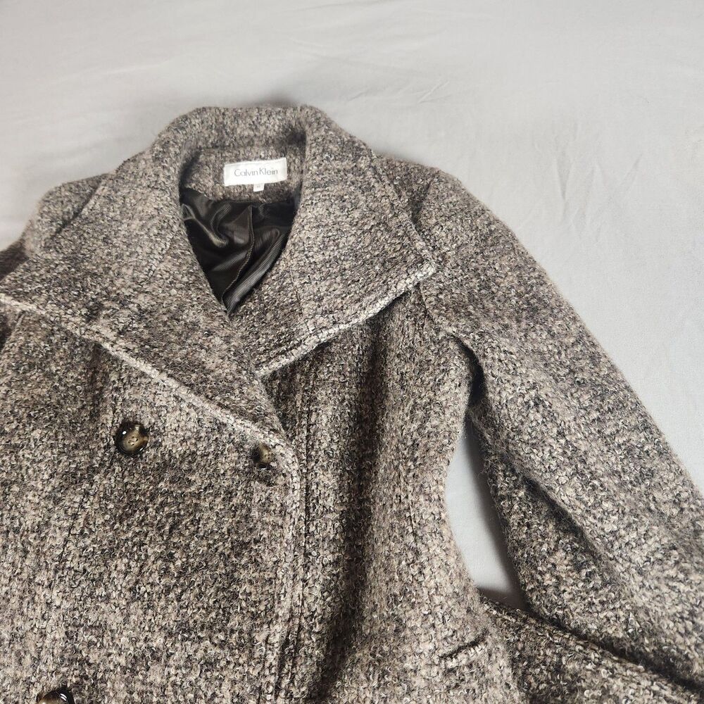 Calvin Klein Wool Blend Peacoat Jacket Womens Size 10 Brown Belted - Picture 3 of 11